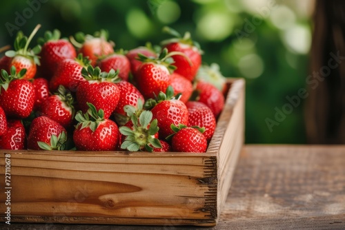 Fresh aromatic strawberries in a wooden box on a kitchen background rustic