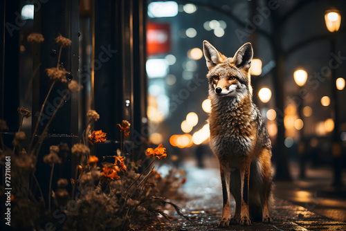 Portrait of a fox on the street at night in Paris, France photo