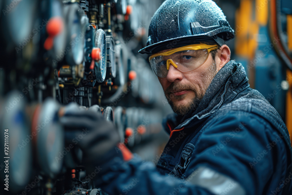 Fototapeta premium Skilled Professional Man in Repairing and Maintaining Industrial Equipment extreme closeup. Generative AI
