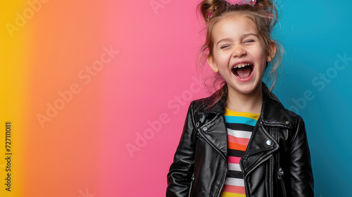 little cute girl in a black leather biker jacket screams on a color background in the studio, children, child, childhood, teenager, kid, schoolgirl, fashion, style, rock, space for text, rocker, rebel