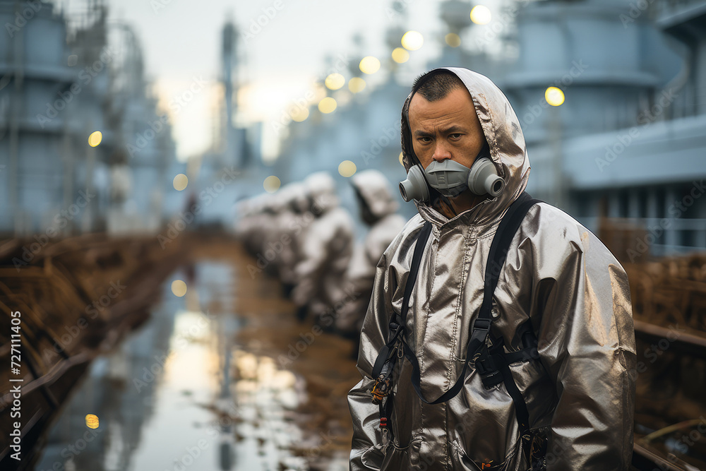 Nuclear Watchdog Chief Inspects the Territory of the Nuclear Power Plant After the Accident extreme closeup. Generative AI Nuclear Watchdog Chief Inspects the Territory of the Nuclear Power Plant After the Accident extreme closeup. Generative AI