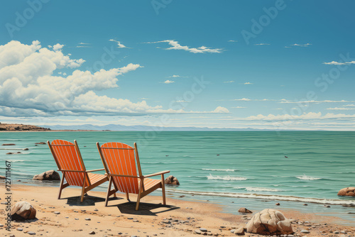 Modern Beach Chairs with Umbrella on a Sand Ocean Beach extreme closeup. Generative AI © doomu