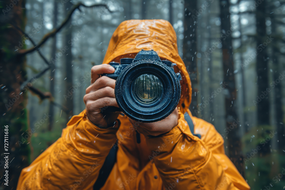 Content Creator Concept. Man Taking Photos with Camera and Looking Through Lens extreme closeup. Generative AI Content Creator Concept. Man Taking Photos with Camera and Looking Through Lens extreme closeup. Generative AI