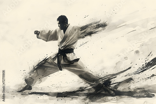 Intense martial artist engaged in karate kumite, depicted in the style of Japanese ink wash painting, executing lightning-fast strikes with precision and focus.