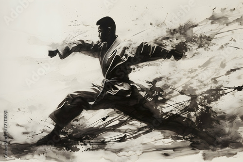 Intense martial artist engaged in karate kumite, depicted in the style of Japanese ink wash painting, executing lightning-fast strikes with precision and focus.