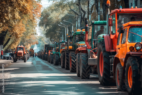 Many tractors blocked city streets and caused traffic jams in city. Agricultural workers protesting against tax increases