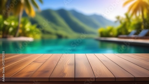 Empty wooden table top on a blurred background of palm trees, mountains and lake. A place to advertise a product. Generated AI © Elena