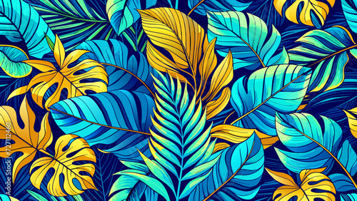 Tropical leaf Wallpaper, Luxury nature leaves pattern design, Blue banana leaf line arts, Hand drawn outline design for fabric , wall arts, print, cover, banner and invitation, Vector illustration. photo