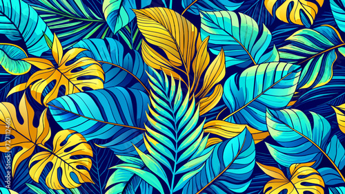 Tropical leaf Wallpaper, Luxury nature leaves pattern design, Blue banana leaf line arts, Hand drawn outline design for fabric , wall arts, print, cover, banner and invitation, Vector illustration.