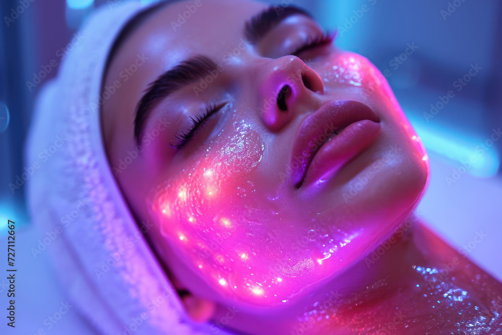 Woman Receiving Spectrum LED Light Therapy for Skin Cleaning extreme closeup. Generative AI Woman Receiving Spectrum LED Light Therapy for Skin Cleaning extreme closeup. Generative AI