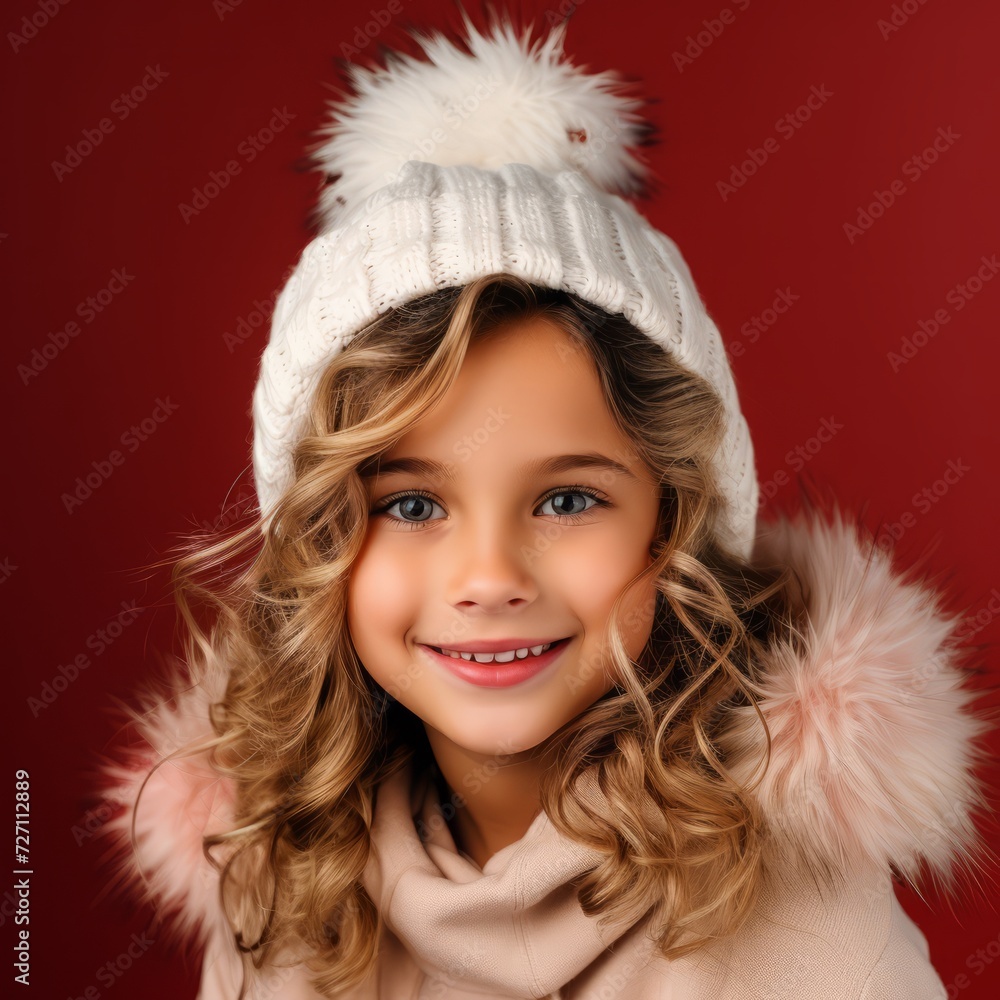 Happy little girl in a white winter hat and a pink sweater. Portrait of a small girl in a winter hat smiling on a red background looking at the camera. Cheerful child wearing a white poof ball hat. Happy little girl in a white winter hat and a pink sweater. Portrait of a small girl in a winter hat smiling on a red background looking at the camera. Cheerful child wearing a white poof ball hat.