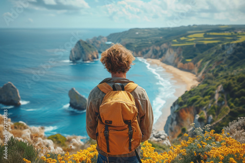 Travel Content Creator Concept. Traveler Man with a Backpack on her Back Looks at the Sea or Ocean extreme closeup. Generative AI