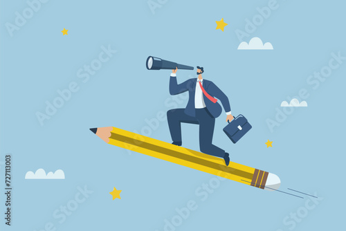 Inspiration leads to success, Perseverance or finding the direction of business and career that will be successful, Businessman with binoculars riding a pencil in the sky searching for big ideas.
