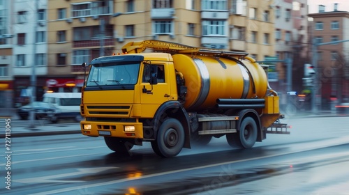 Heavy truck with a chrome metal tanker rushing ride in industrial area