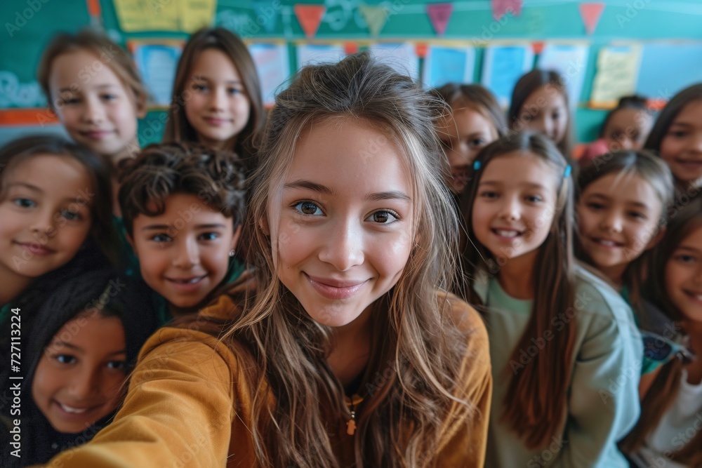 A group of joyful students and techer share a bond of friendship and happiness as they smile alongside a woman in a school classroom, exuding the essence of youth and positivity