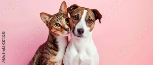 A cat and dog duo snuggled up against a pink backdrop, symbolizing unlikely friendships