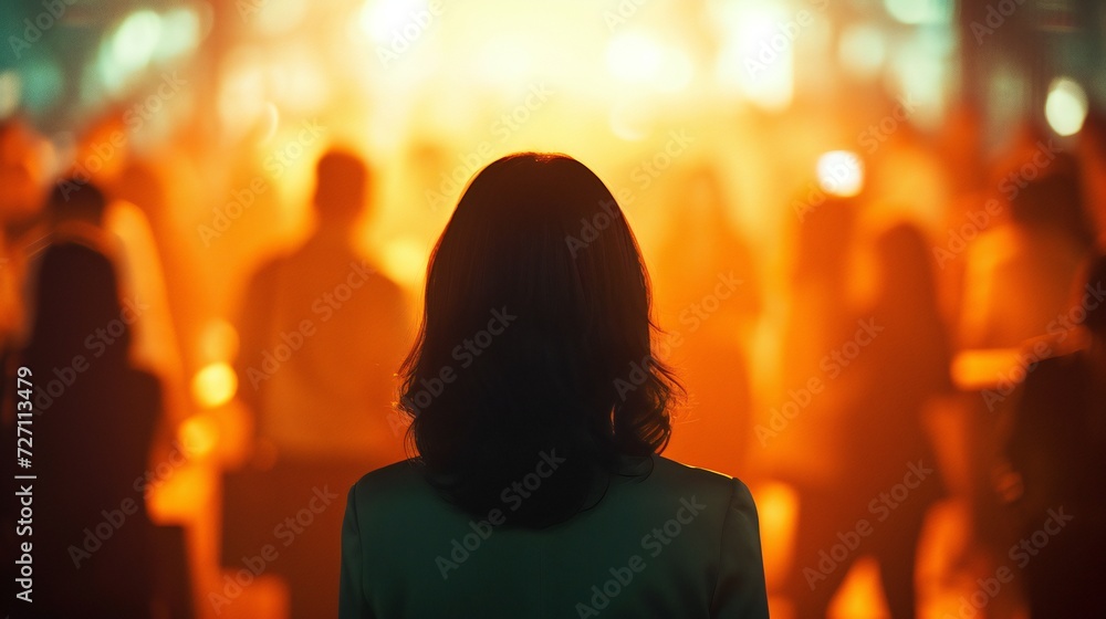 In a crowded room, a woman with social anxiety feels isolated, her solitary figure stark against the blurred backdrop of mingling guests. In a crowded room, a woman with social anxiety feels isolated, her solitary figure stark against the blurred backdrop of mingling guests.