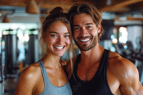 Portrait of athletic couple on a gym after exercise. Healthy lifestyle, fitness and workout concept
