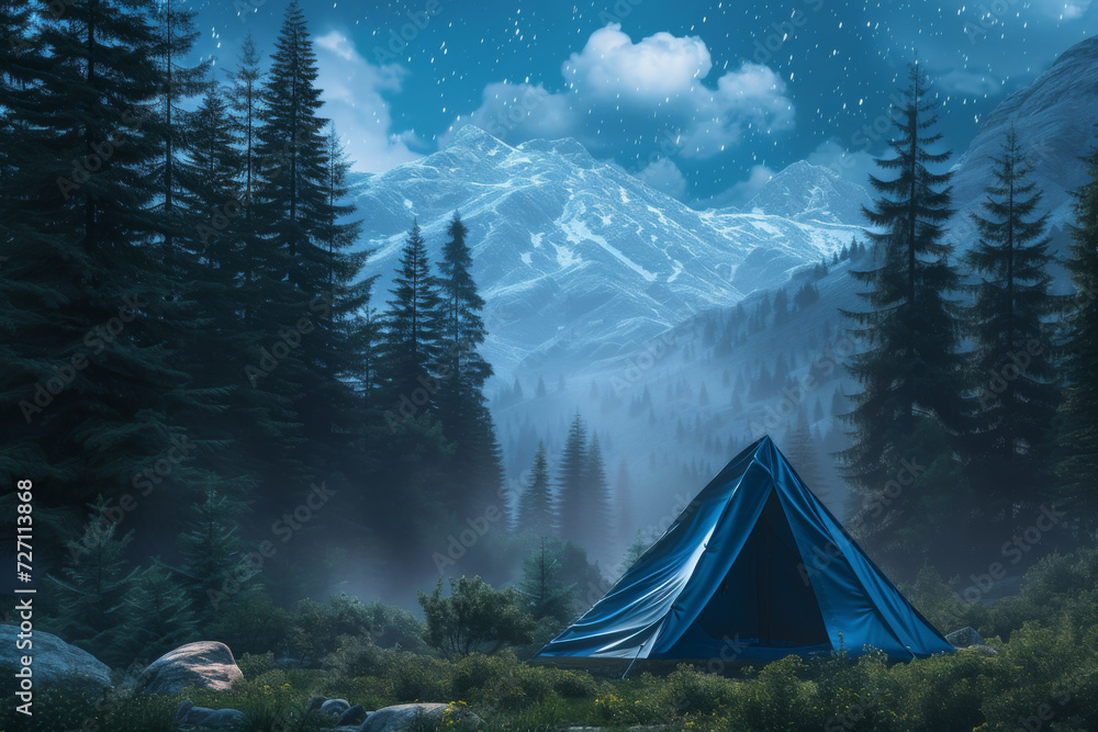 A blue tent in a pine forest surrounded by clouds and stars.