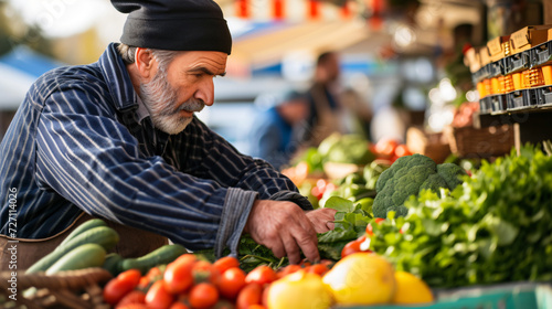 An experienced chef meticulously examines an array of colorful, freshly harvested produce at a bustling farmer's market in the early morning light.