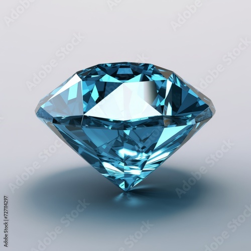 Big blue diamond on a white background. Ai generated image of a beautiful shiny brilliant diamond standing upright with glares on a white surface.
