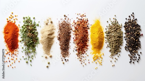 Assortment of spices on white background. Spicy cooking concept.