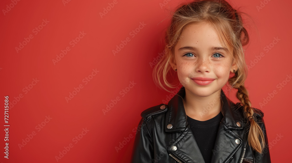 little cute girl in a black leather biker jacket smiling on a color background in the studio, children, child, childhood, teenager, kid, schoolgirl, fashion, style, rock, space for text, rocker, rebel little cute girl in a black leather biker jacket smiling on a color background in the studio, children, child, childhood, teenager, kid, schoolgirl, fashion, style, rock, space for text, rocker, rebel