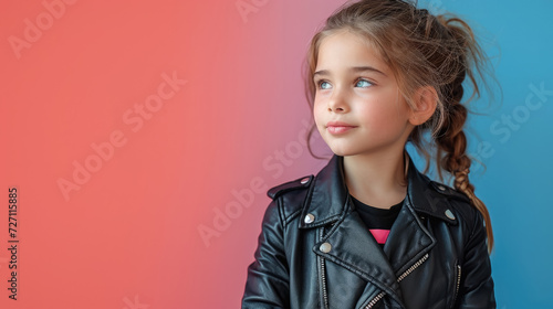 little cute girl in a black leather biker jacket smiling on a color background in the studio, children, child, childhood, teenager, kid, schoolgirl, fashion, style, rock, space for text, rocker, rebel photo