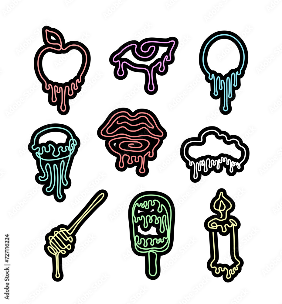 Colorful stickers, icons with drops, small tattoo, paint drips, continuous line drawing, print for clothes, emblem, logo design, silhouette one single line, isolated abstract vector illustration. Colorful stickers, icons with drops, small tattoo, paint drips, continuous line drawing, print for clothes, emblem, logo design, silhouette one single line, isolated abstract vector illustration.