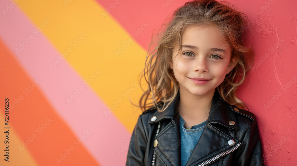 little cute girl in a black leather biker jacket smiling on a color background in the studio, children, child, childhood, teenager, kid, schoolgirl, fashion, style, rock, space for text, rocker, rebel little cute girl in a black leather biker jacket smiling on a color background in the studio, children, child, childhood, teenager, kid, schoolgirl, fashion, style, rock, space for text, rocker, rebel