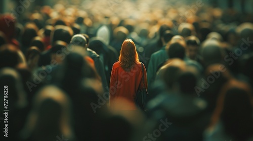 Lonely Spectator: Amidst a sea of blurred faces, a woman stands alone, her social anxiety palpable in the sharp clarity of her presence.