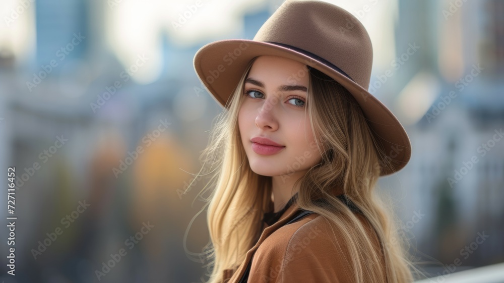 Outdoor close up fashion portrait of young elegant lady wearing beige fedora hat, trendy chain necklace, blue denim shirt, posing in street of European city. Outdoor close up fashion portrait of young elegant lady wearing beige fedora hat, trendy chain necklace, blue denim shirt, posing in street of European city.