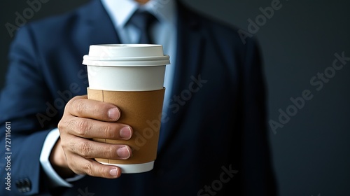 Close up of businessman s hand holding an empty coffee to go paper cup, with focus on the details