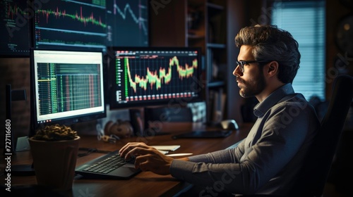 A financial trading manager analyzes stock market performance to determine the best investment strategy, financial data and charts.