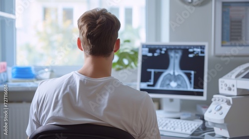 A doctor man doing ultrasound scanning diagnostic of thyroid gland sitting in office in clinic