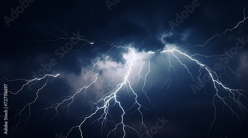Roaring thunderstorm, shocking lightning shines in the dark sky © jiejie