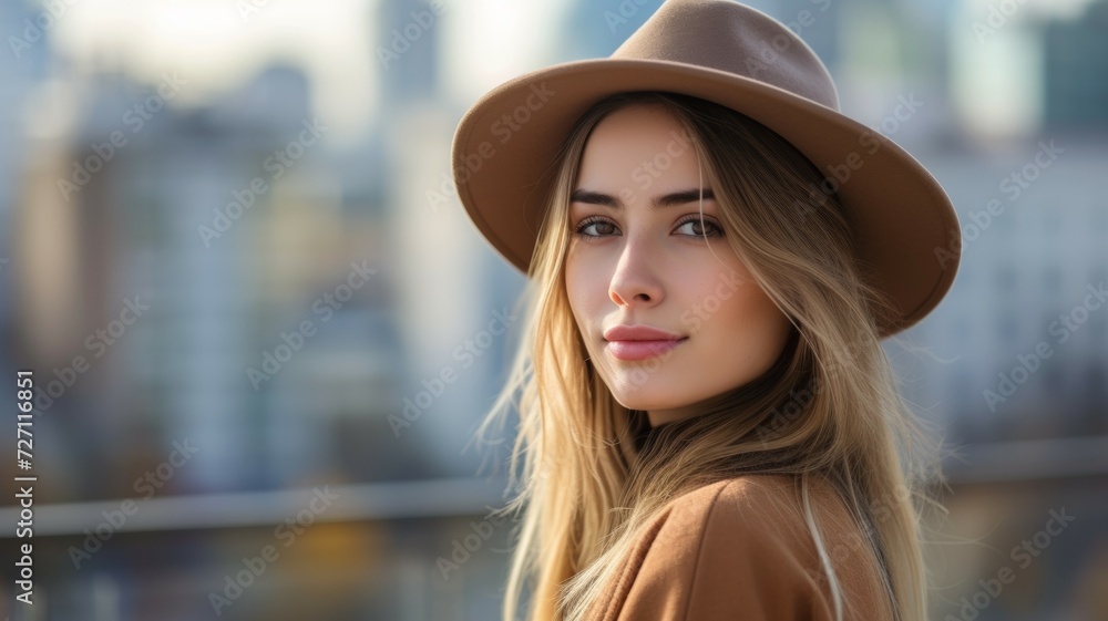 Outdoor close up fashion portrait of young elegant lady wearing beige fedora hat, trendy chain necklace, blue denim shirt, posing in street of European city. Outdoor close up fashion portrait of young elegant lady wearing beige fedora hat, trendy chain necklace, blue denim shirt, posing in street of European city.