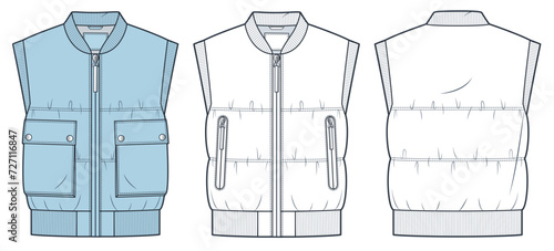 Bomber  Jacket Vest technical fashion Illustration. Crop padded Jacket fashion flat technical drawing template, pockets, zipper, button, front and back view, white, blue, women, men, unisex CAD mockup