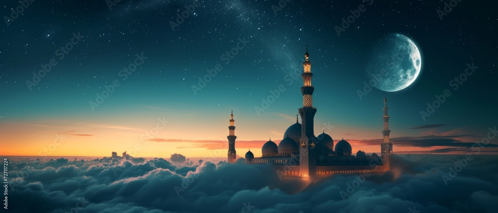 colors of sunset paint a warm glow at the horizon contrasting with the mosque