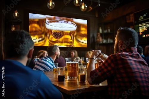 men in a pub sit at tables with glasses of beer, there is advertising on a large TV screen, rear view from the back