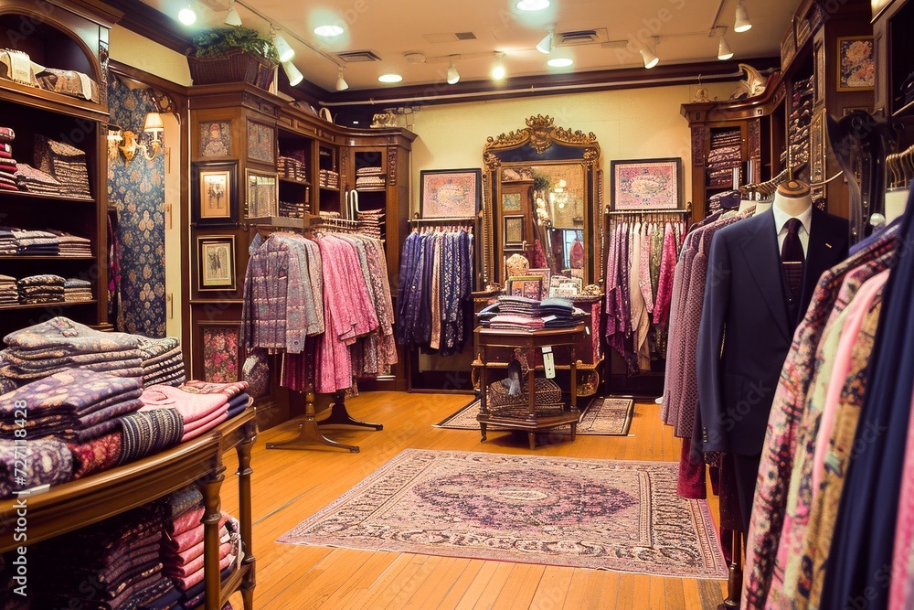 Elegant boutique clothing store interior with a variety of menswear, classic suits, ties, and shirts on display in a richly decorated space.