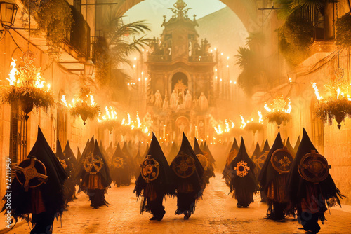 A solemn night procession with hooded figures and traditional lanterns during a cultural festival on a historic street.