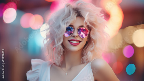 beautiful young smiling woman wearing heart shaped glasses on shiny background  party  valentine s day  romance  fashion  love  style  girl  portrait  face  holiday  dancing  club  disco