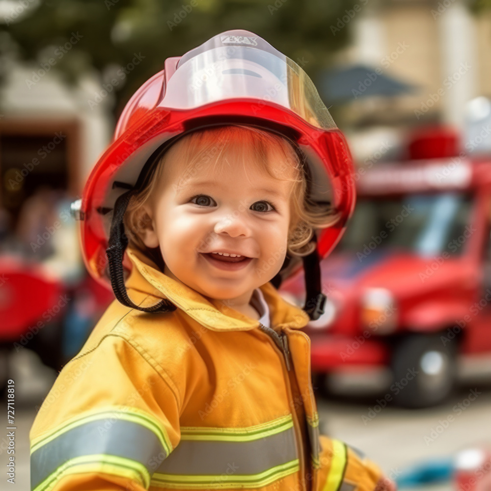 Portrait of a happy little boy in a firefighter suit on the background of a fire truck. looking at camera. Smiling small child wearing a firefighter costume and helmet. Boy in a fire protections suit. Portrait of a happy little boy in a firefighter suit on the background of a fire truck. looking at camera. Smiling small child wearing a firefighter costume and helmet. Boy in a fire protections suit.