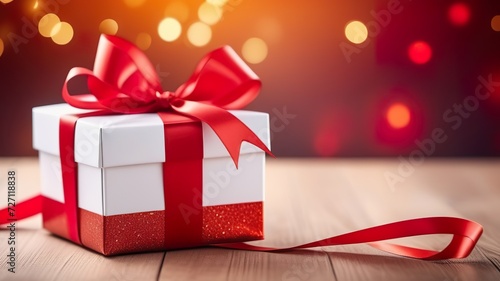 White gift box with red bow on wooden table on light bokeh background. Generated AI © Elena