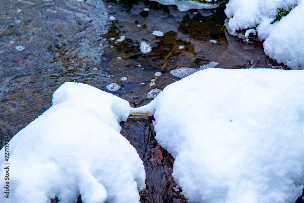 Winter. Snowy Forest. Winter Forest Stream. Winter Forest Scene With Snow and Stream. Cold Clear Water Stream. Winter Landscape with Snowdrifts and Forest Trees Winter. Snowy Forest. Winter Forest Stream. Winter Forest Scene With Snow and Stream. Cold Clear Water Stream. Winter Landscape with Snowdrifts and Forest Trees