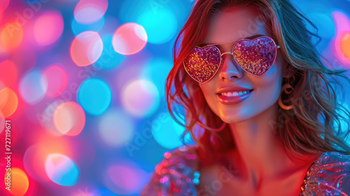 beautiful young smiling woman wearing heart shaped glasses on shiny background, party, valentine's day, romance, fashion, love, style, girl, portrait, face, holiday, dancing, club, disco