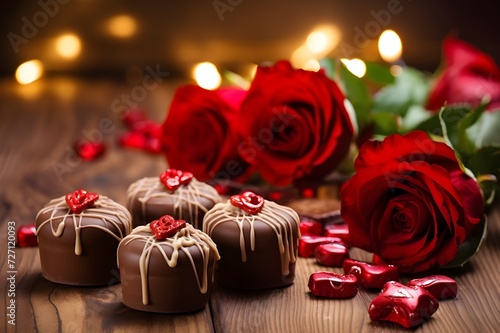 Valentines love graphic poster with chocolates and roses © Minhas