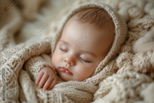 Sleeping Infant Wrapped in a Knitted Blanket