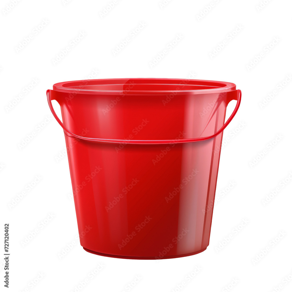 A bright red plastic bucket with a handle, transparent background. A bright red plastic bucket with a handle, transparent background.